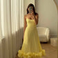 NiceVestidos--Light Yellow Spaghetti Strap Ruffled Hem French Elegant Midi Party dresses Evening Dress  NV5902