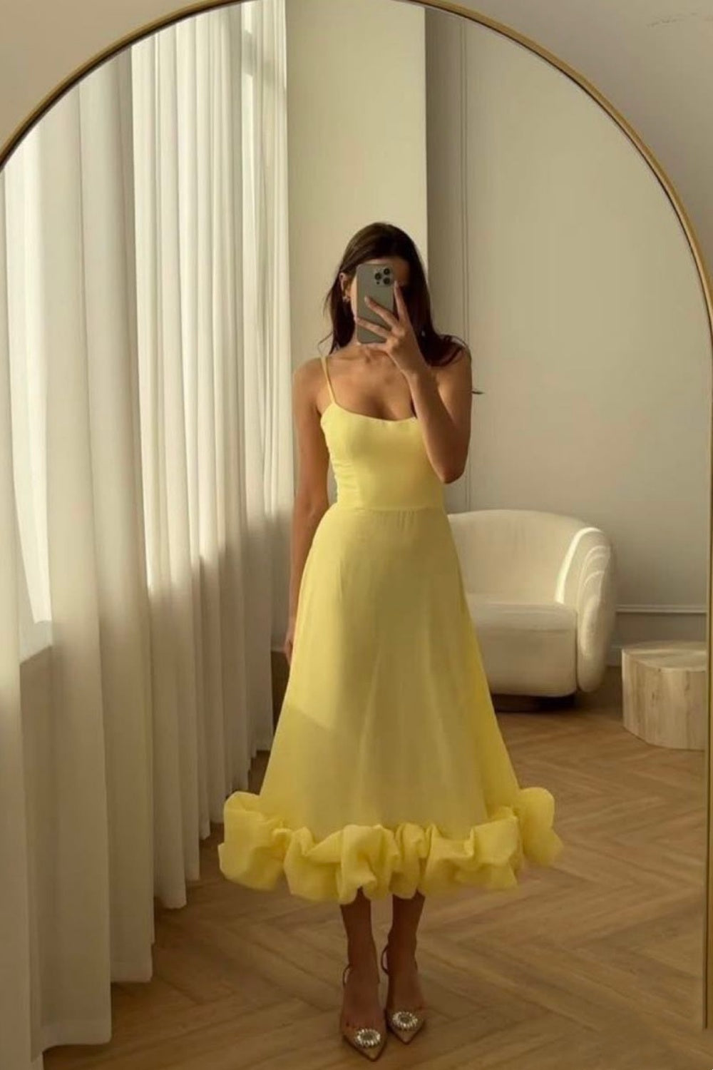 NiceVestidos--Light Yellow Spaghetti Strap Ruffled Hem French Elegant Midi Party dresses Evening Dress  NV5902