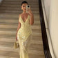 Yellow Fashion Elegant V-neck Mermaid Tulle Sequin Long Prom Dress Evening Gown Party Dress nv2441