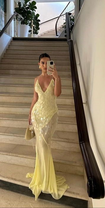 Yellow Fashion Elegant V-neck Mermaid Tulle Sequin Long Prom Dress Evening Gown Party Dress nv2441
