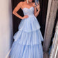 Hellblaues, schulterfreies, beeindruckendes A-Linien-Tüll-Ballkleid mit Herzausschnitt und Stufen, langes Abendkleid, Partykleid, viele Bänder, Kleid zum Beeindrucken, NV2572