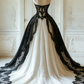 NiceVestidos-Black and White Lace Tulle Paneled Butterfly Sleeve Floor-Length Gothic Gown NV6172