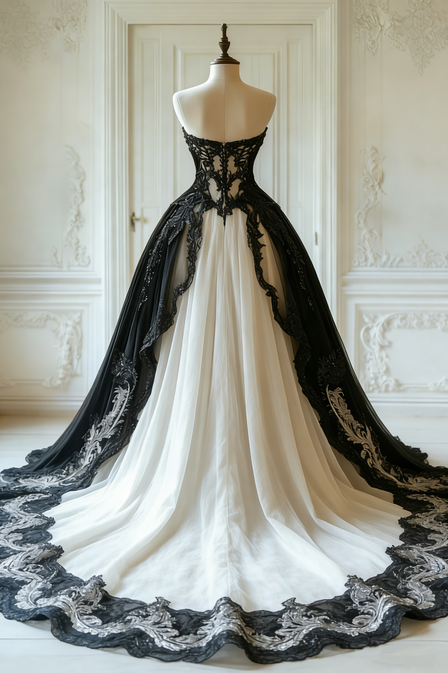 NiceVestidos-Black and White Lace Tulle Paneled Butterfly Sleeve Floor-Length Gothic Gown NV6172