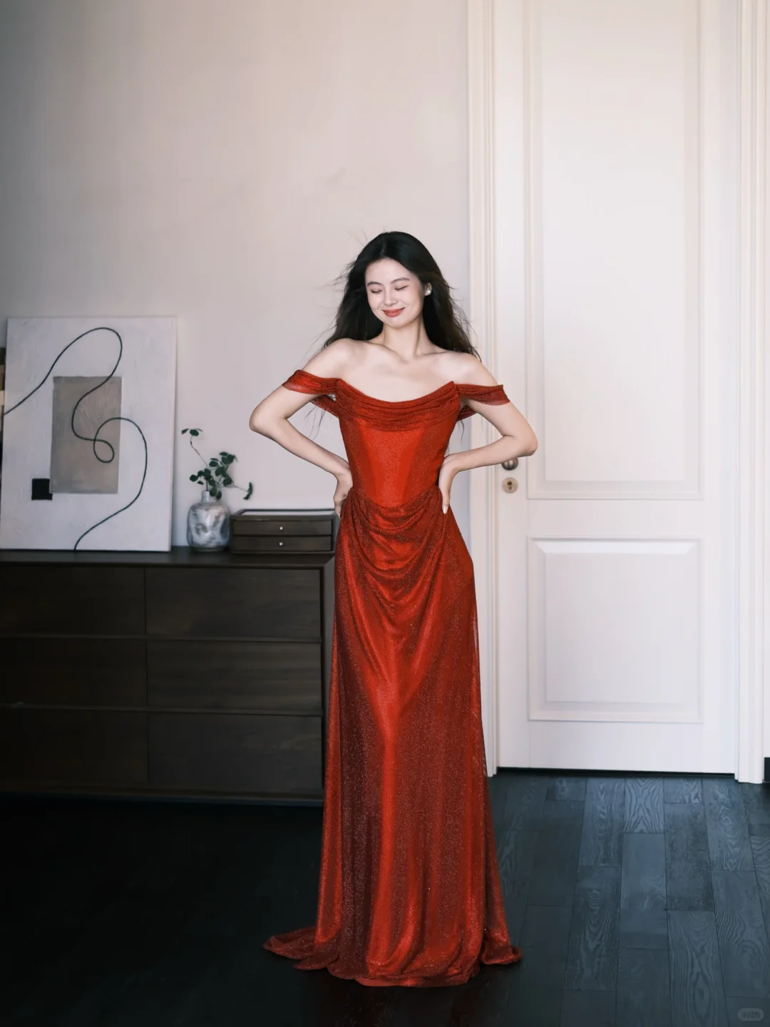 Off Shoulder Red Glitter Prom Dress, Draped Evening Gown  NV7342