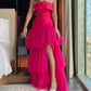 Hot Pink Elegant Charmant Niedlich Herzausschnitt A-Linie Off-the-Shoulder Ballkleid Lagen Tüll Langer Schlitz Abendkleid Ballkleid Abendkleid Partykleid nv2501
