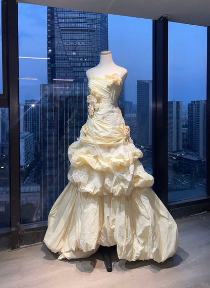 Strapless Cream Yellow Vintage Ball Gown 3D Rose Pearl Chain Lace Tiered Bubble Ruffle Prom Dress  NV7030