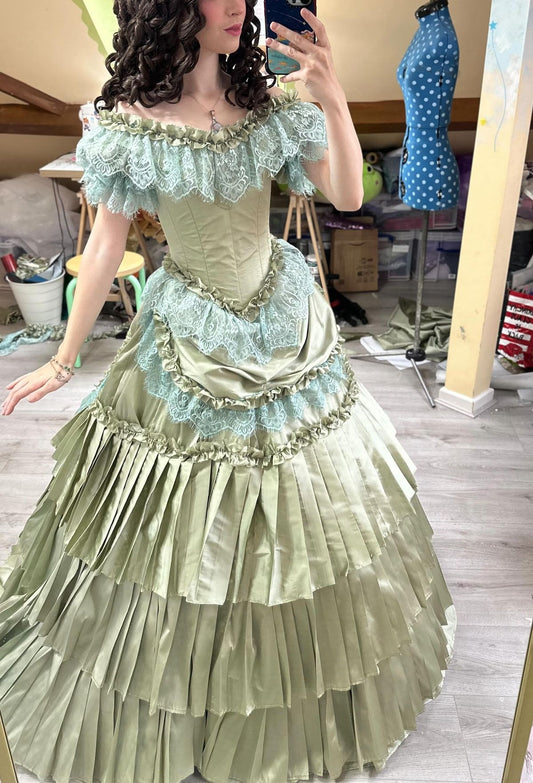 Victorian Style Light Green Satin Lace Off-Shoulder Ballgown - Retro Theme Tea Party Dress NV6391