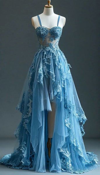 Blue Sweetheart Neck Floral Elegant Long Fairy Tulle Ball Gown nv4847