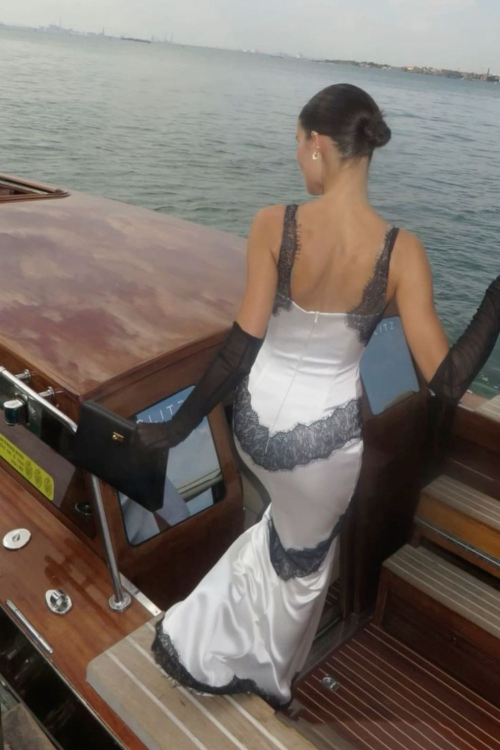 Black and white contrast lace fashionable elegant sexy long satin Prom Dress evening dress wedding guest party dress nv4806