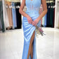 Blue V-neck beaded satin lace mermaid long prom dress graduation dress evening dress nv1606