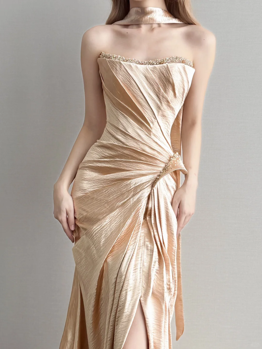 Champagne Gold Satin Mermaid Prom Gown Strapless Ruched Sweep Train  NV7166