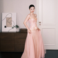 Blush Pink Two Piece Tulle Prom Dress Gold Floral Beaded Evening Gown  NV7212