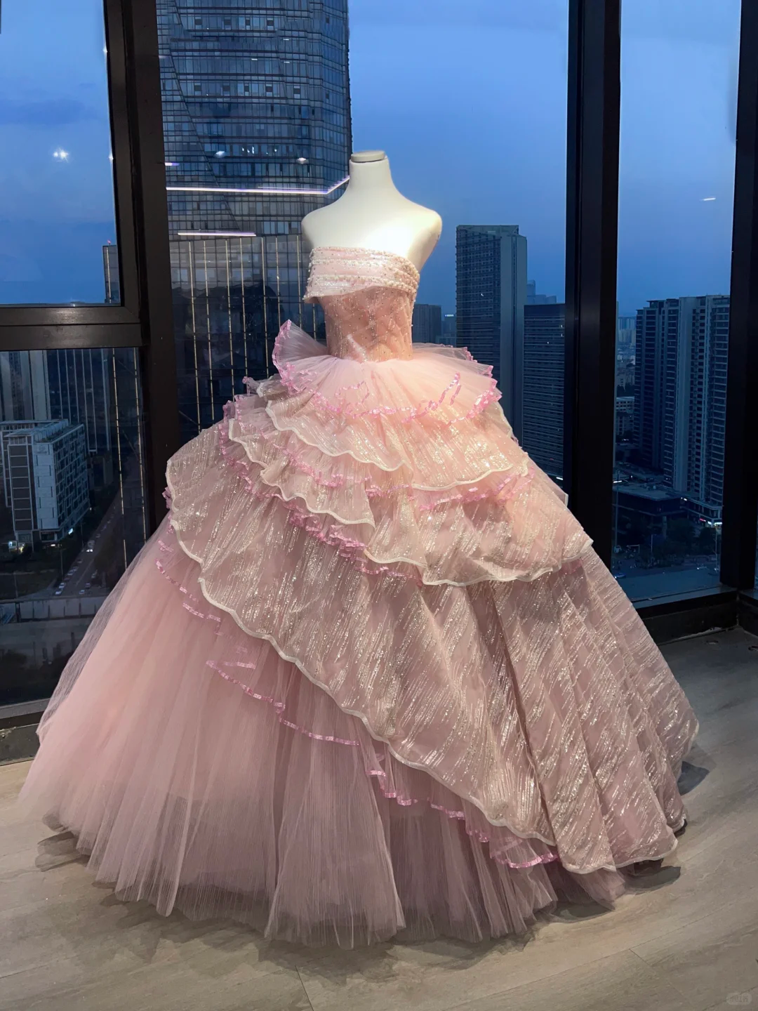 Strapless Blush Pink Prom Dress Glitter Beading Tiered Ruffle Tulle Cake Ball Gown  NV7047