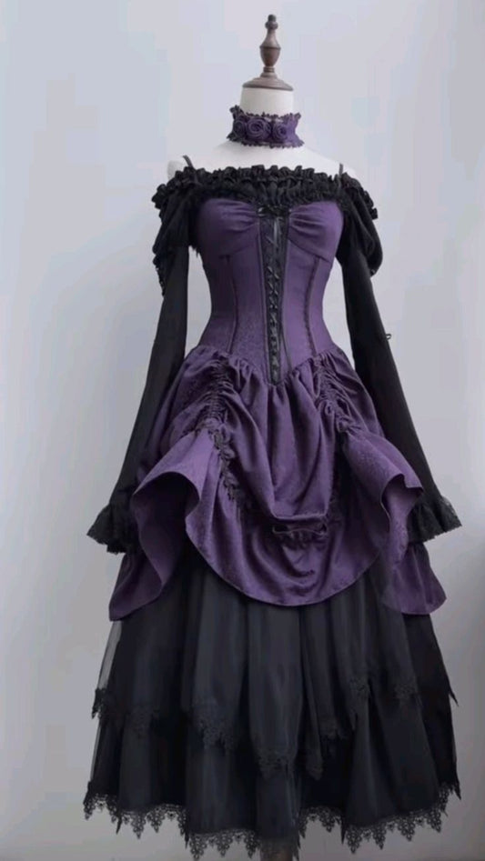 Purple-Black Contrast Princess-Sleeve Boned Waist Gothic Lolita Gown NV6225
