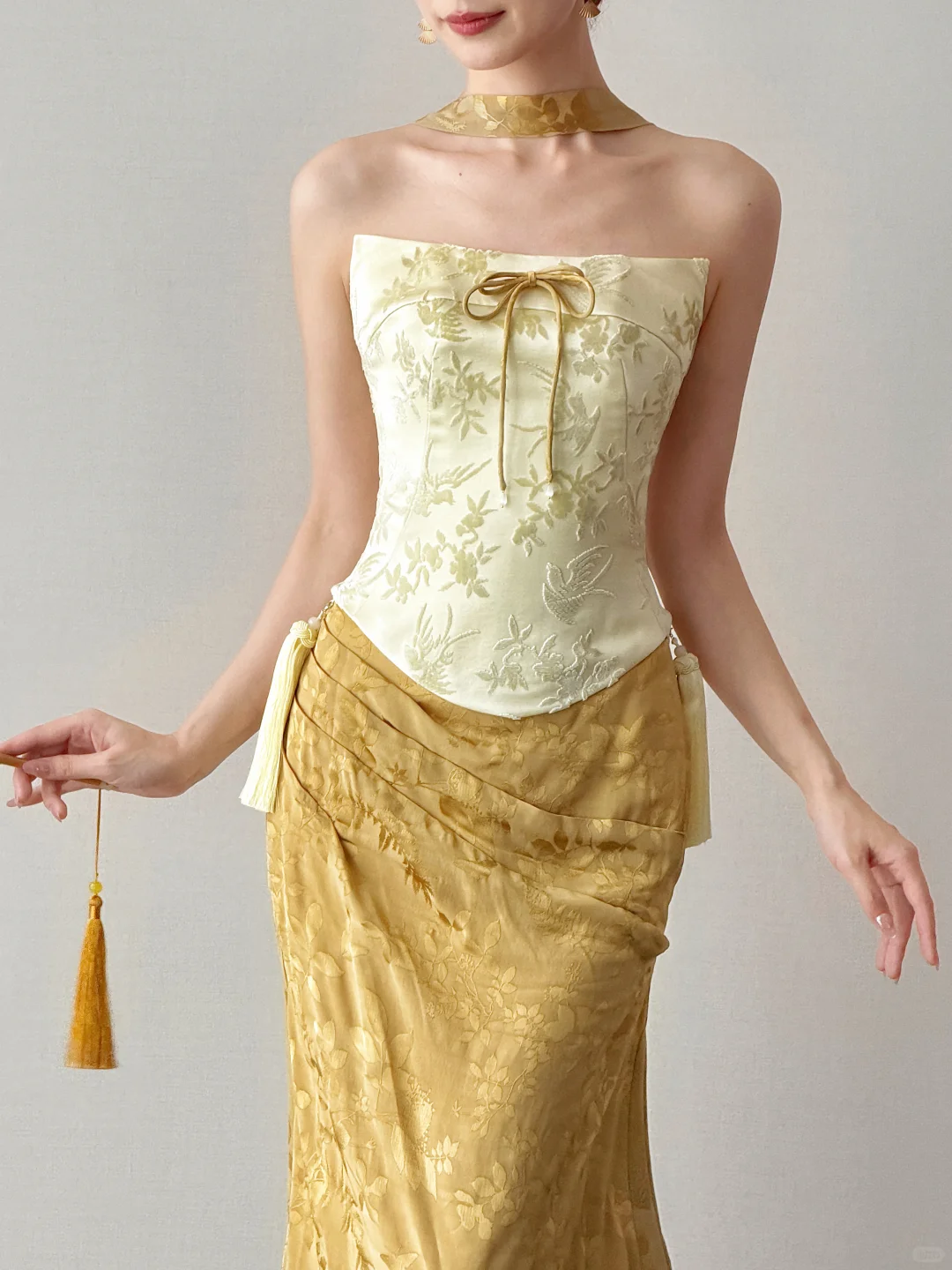 New Chinese Two Piece Mermaid Evening Dress Strapless Jacquard Gown  NV7115