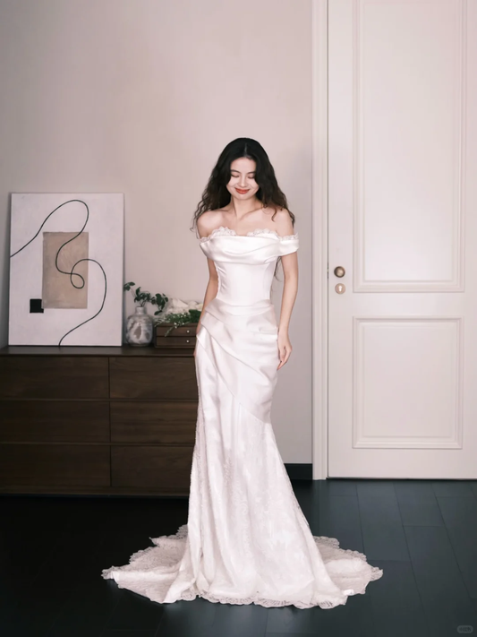 Off Shoulder Lace Trim Satin Mermaid Bridal Gown, Elegant Wedding Dress  NV7336