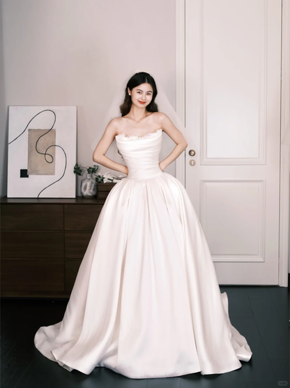 Strapless Feather Trim Satin Ballgown Wedding Dress  NV7295