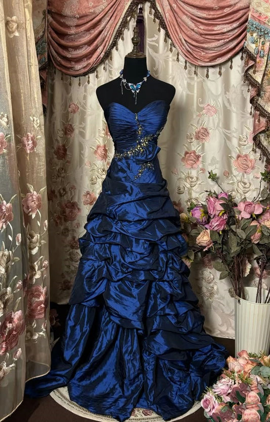 Navy blue vintage elegant fashion exquisite beaded long satin ball gown evening dress prom dress nv3767