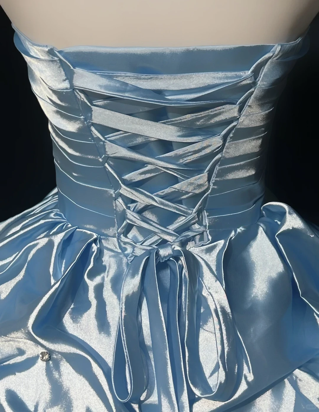 Light Blue Strapless Short Homecoming Dress Ruched Satin Puffy Ruffle Skirt Rhinestone Formal Cocktail Gown  NV6907