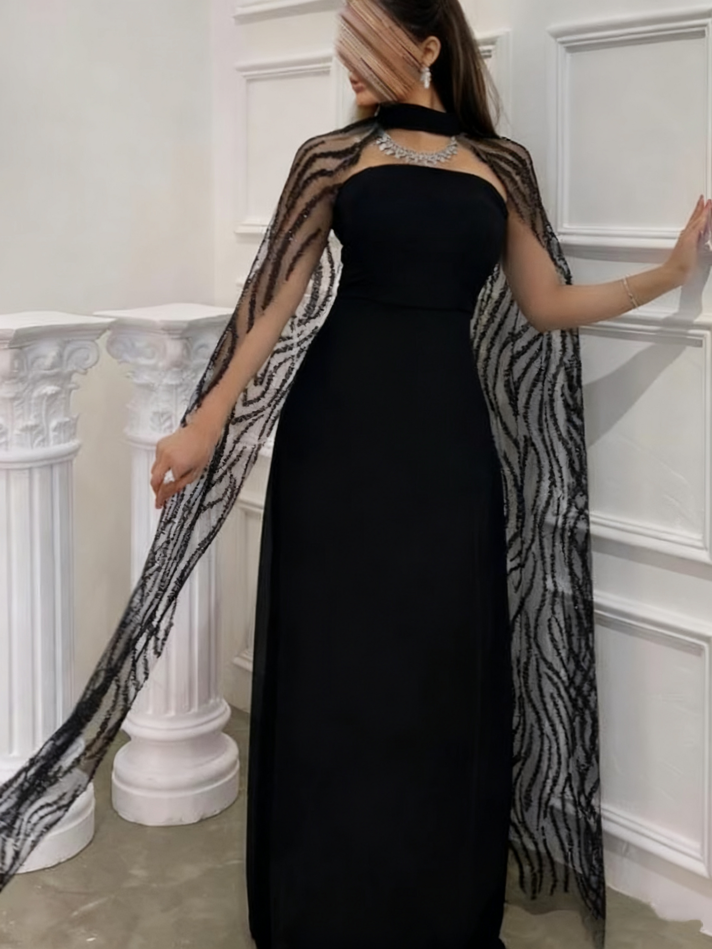 Black Glamorous Long Evening Gown With A Shawl, Nv2518