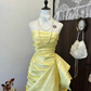 Retro French Style Yellow Satin Ruched Strapless Mini Gown - Luxury Dress for Afternoon Tea & Date NV6362