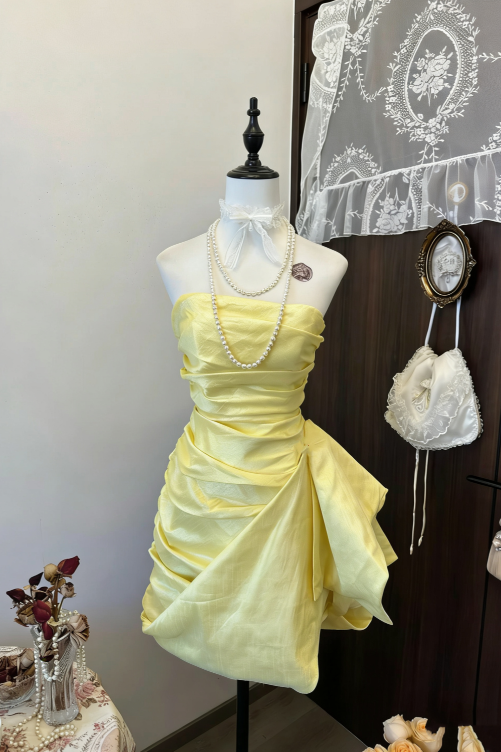 Retro French Style Yellow Satin Ruched Strapless Mini Gown - Luxury Dress for Afternoon Tea & Date NV6362