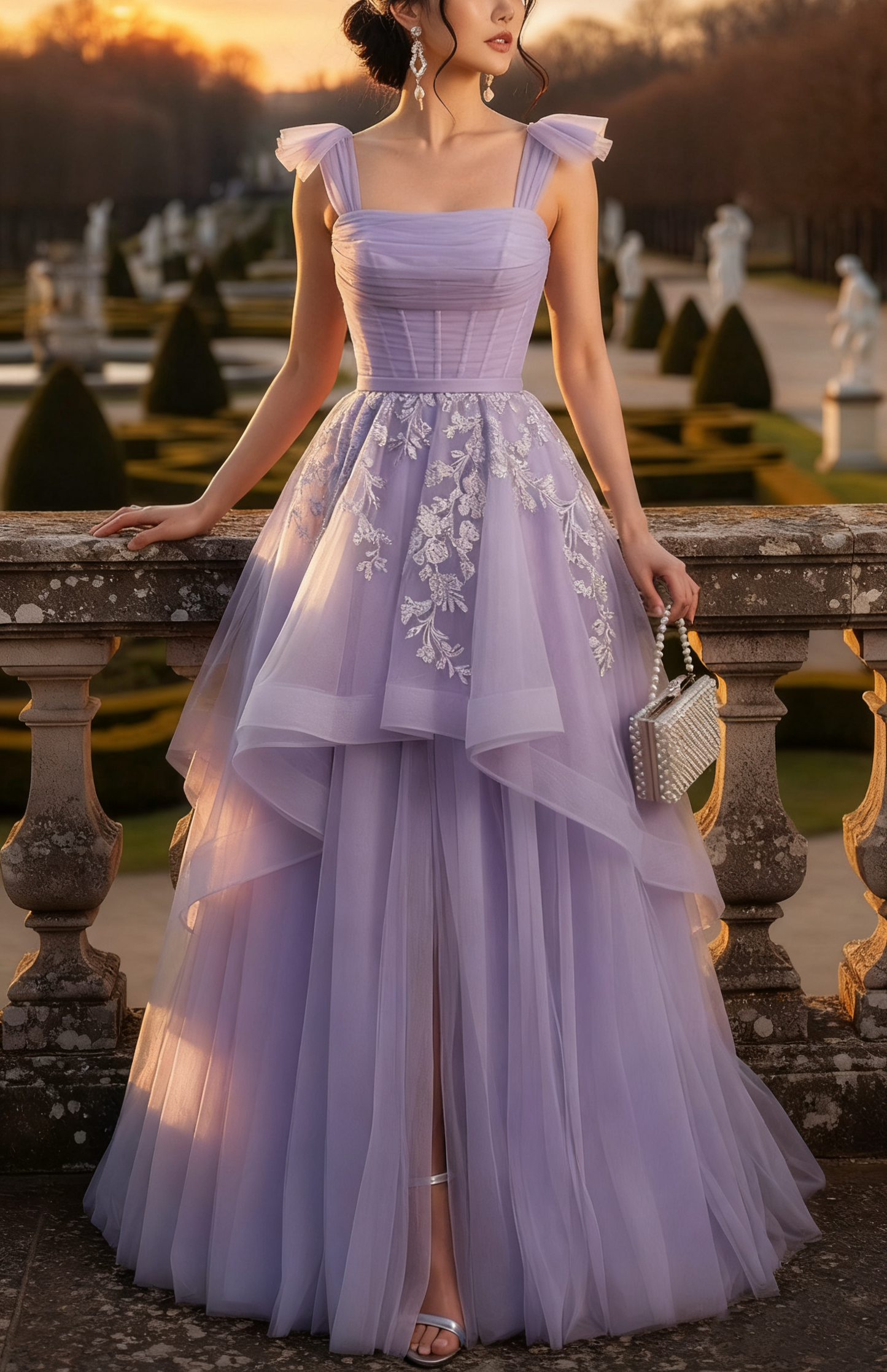 French Fairy-Sweet Style Square Neck Spaghetti Strap Gown | Lavender Tulle Embroidered Slit Maxi Dress for Engagement Outdoor Garden Party NV6286