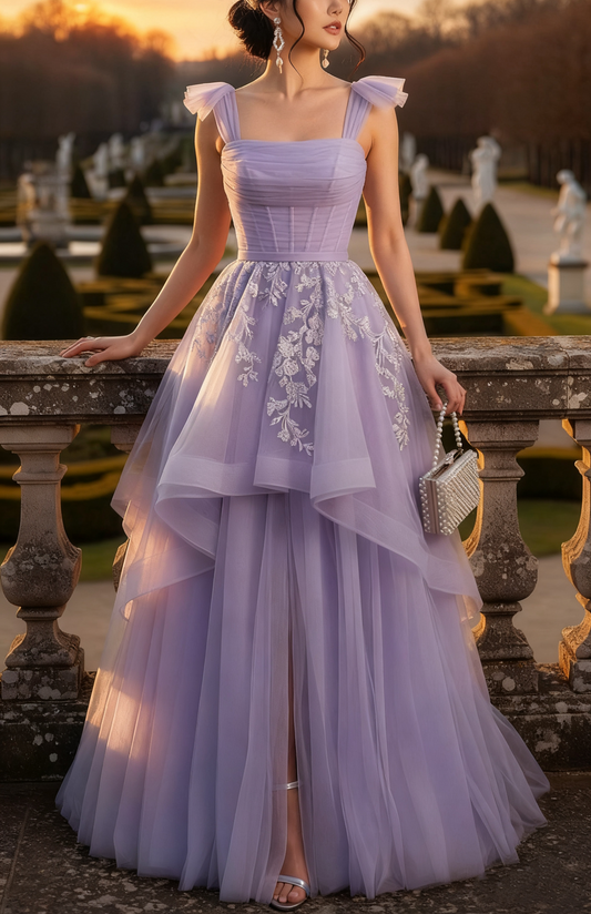 French Fairy-Sweet Style Square Neck Spaghetti Strap Gown | Lavender Tulle Embroidered Slit Maxi Dress for Engagement Outdoor Garden Party NV6286