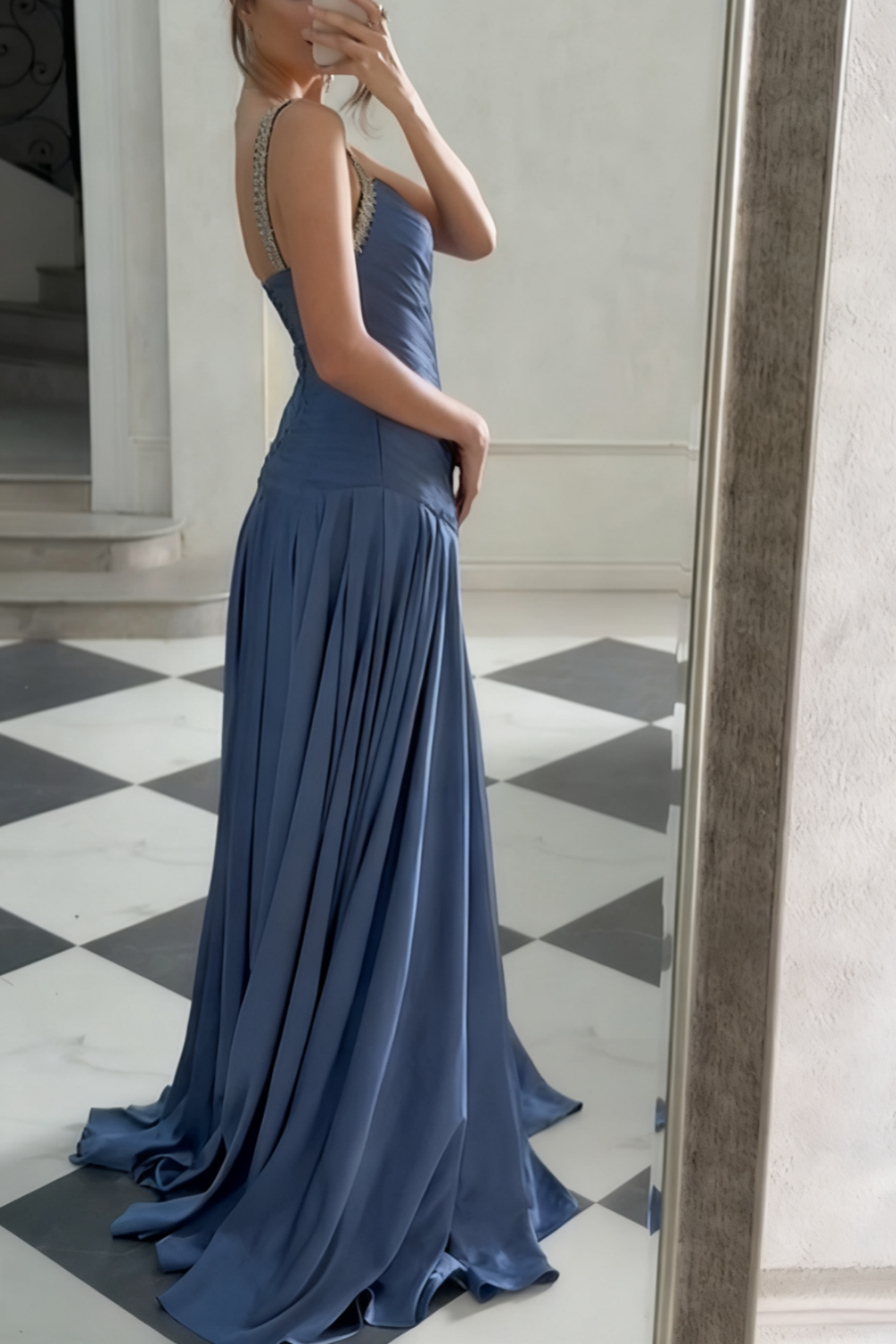 NiceVestidos-_ Evening Gown Blue Satin Floor-Length Evening Gown NV5951