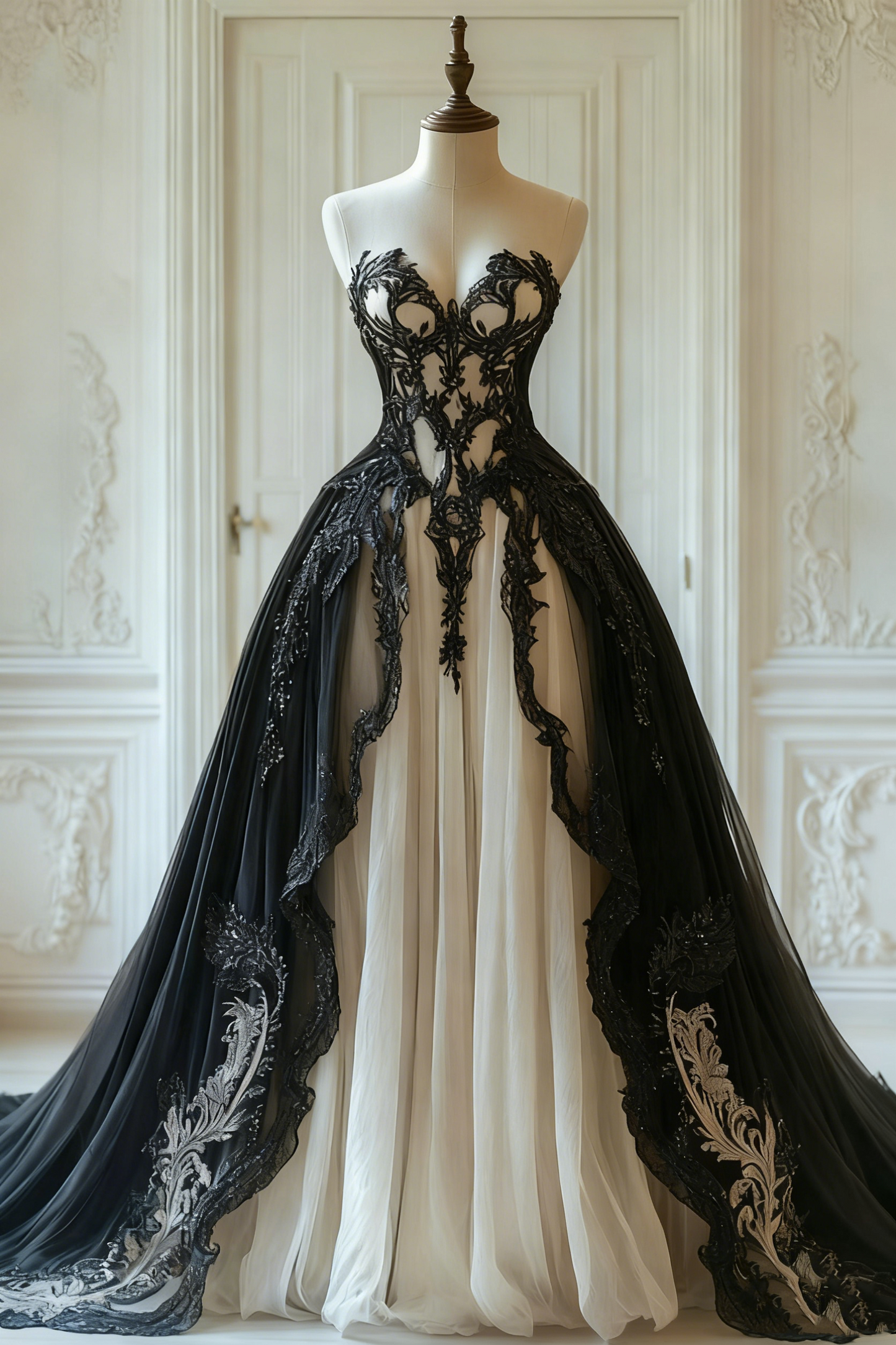 NiceVestidos-Black and White Lace Tulle Paneled Butterfly Sleeve Floor-Length Gothic Gown NV6172