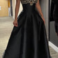 Luxury Palace Style Spaghetti Strap Beaded Gown | Black Satin Ballgown Train Maxi Dress for Red Carpet Gala Awards Ceremony High-End Social Event NV6270