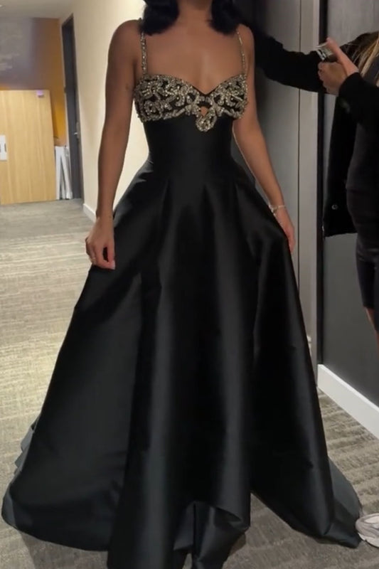 Luxury Palace Style Spaghetti Strap Beaded Gown | Black Satin Ballgown Train Maxi Dress for Red Carpet Gala Awards Ceremony High-End Social Event NV6270