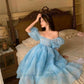 Blue Short Sleeve Puff Sleeve Short Homecoming Chiffon Gown Prom Gown Evening Gown Party Dress nv4165