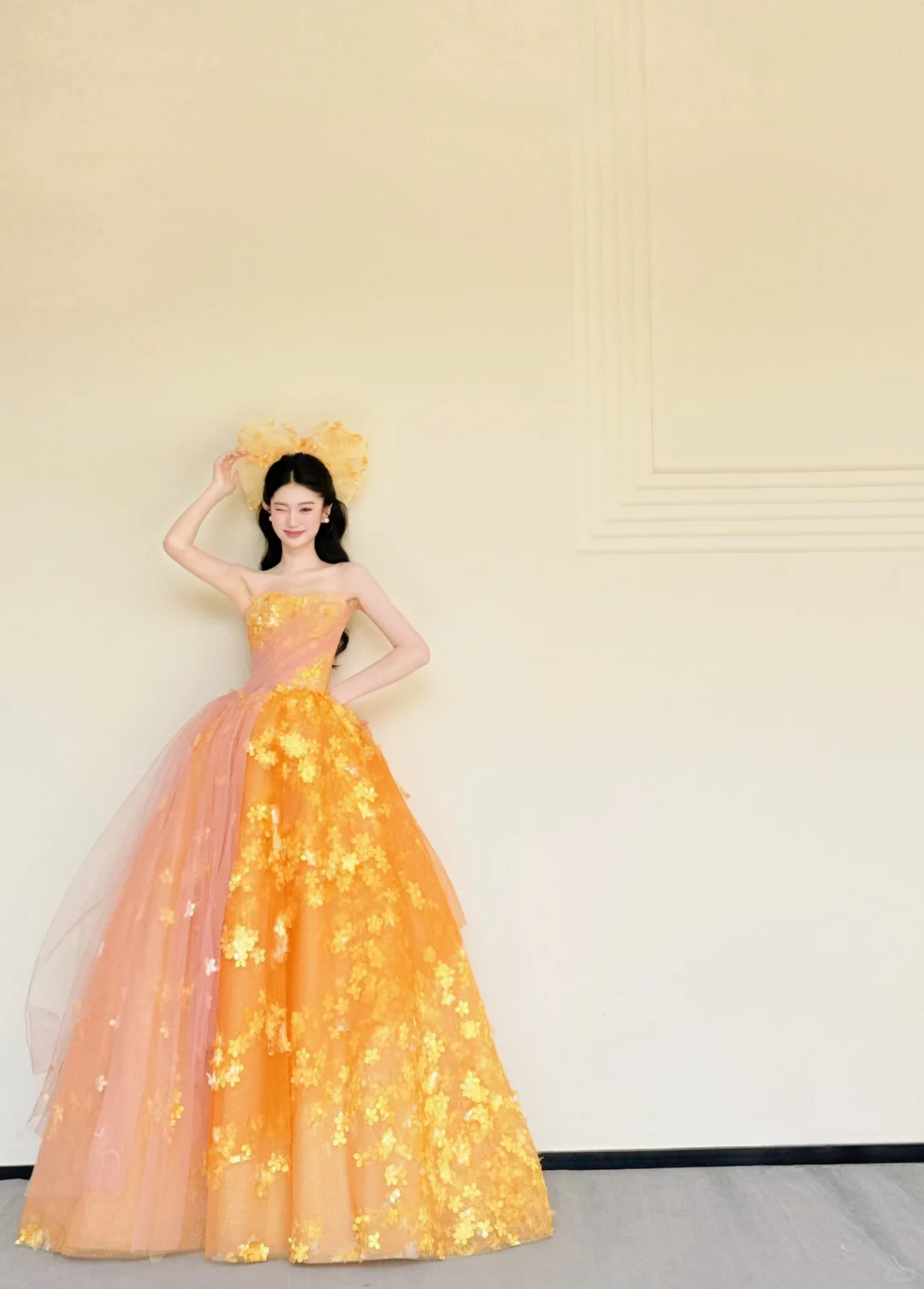 Strapless Orange Pink Ombre 3D Gold Floral Ball Gown Prom Dress  NV7414