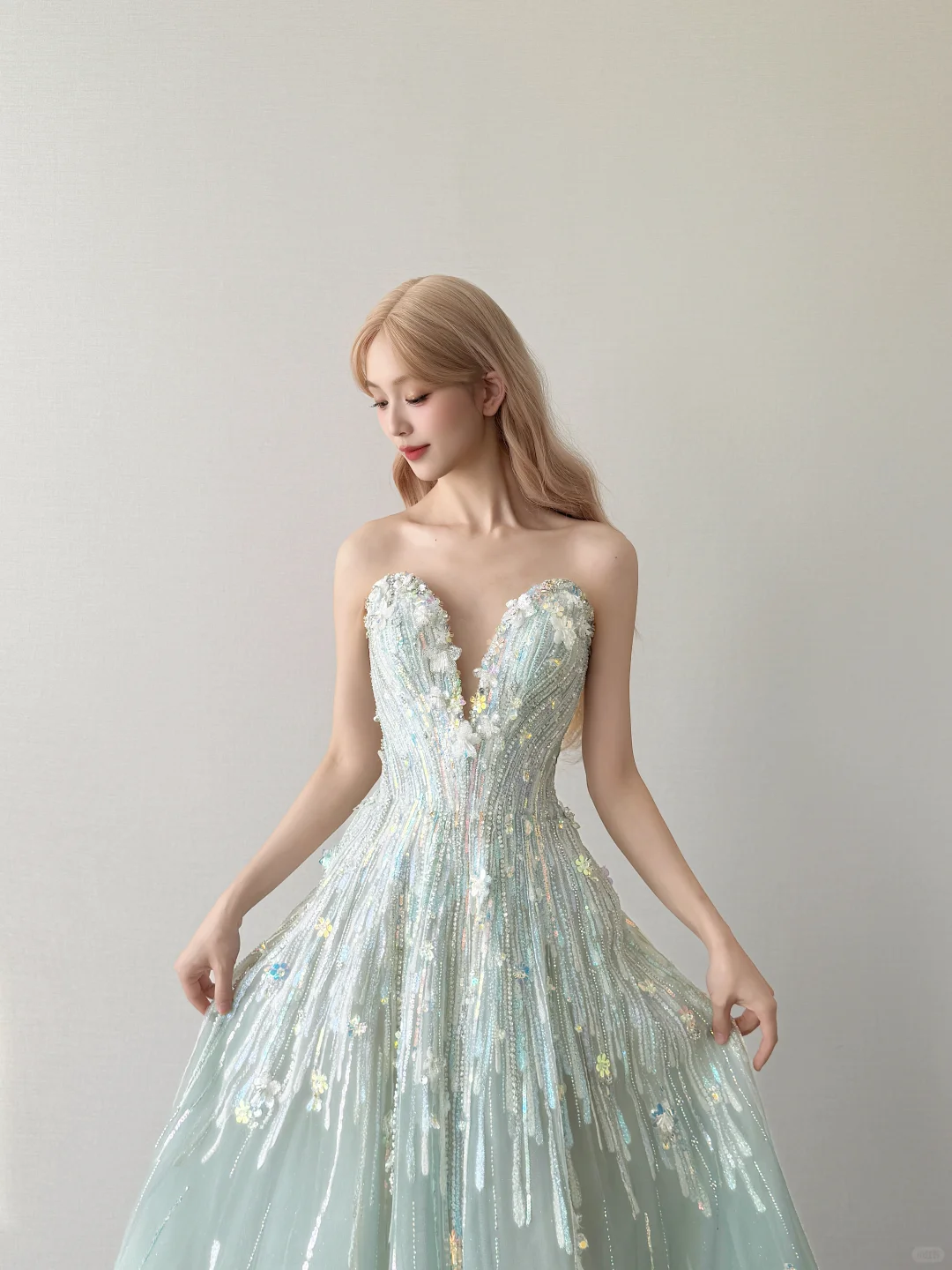 Mint Green Strapless Deep V Prom Gown Vertical Sequin Beading 3D Flower A Line Evening Dress  NV7154