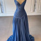 Blue Fashion Ruffle Elegant Long Satin Floor Length Rhinestone Strap Prom Dress Evening Dress Party Dress nv5119