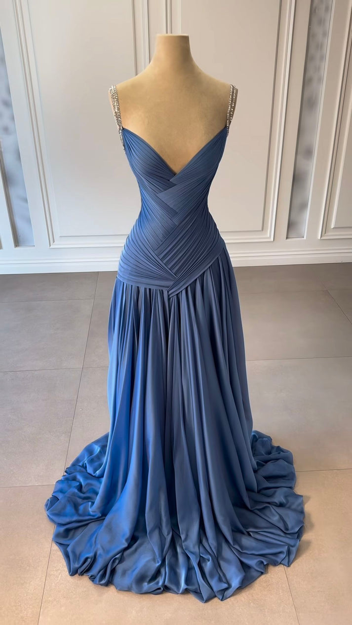 NiceVestidos-_ Evening Gown Blue Satin Floor-Length Evening Gown NV595