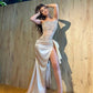 Light champagne gorgeous fashion strapless beaded sleeveless pleated high slit long prom evening gown dress nv2758