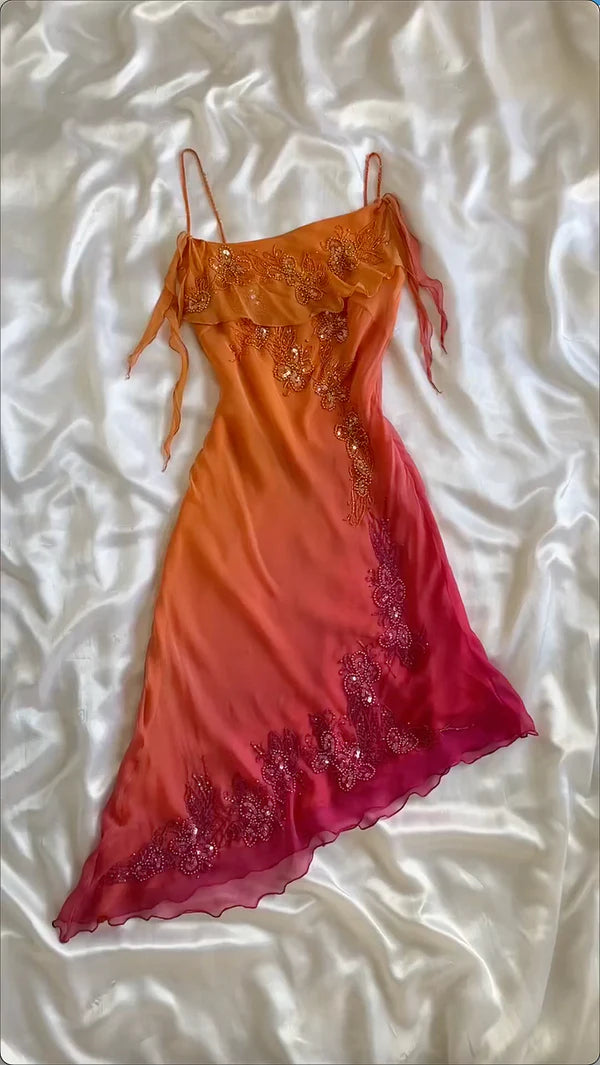 Orange Fashion Gradient Gorgeous Spaghetti Strap Beaded Long Chiffon Ball Gown Evening Dress Party Dress nv3664