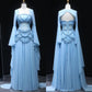 Fairy Luxury Court Style Light Blue Beaded Sheer-Sleeve Train Gown - Ocean Theme Wedding & Ball Dress NV6382