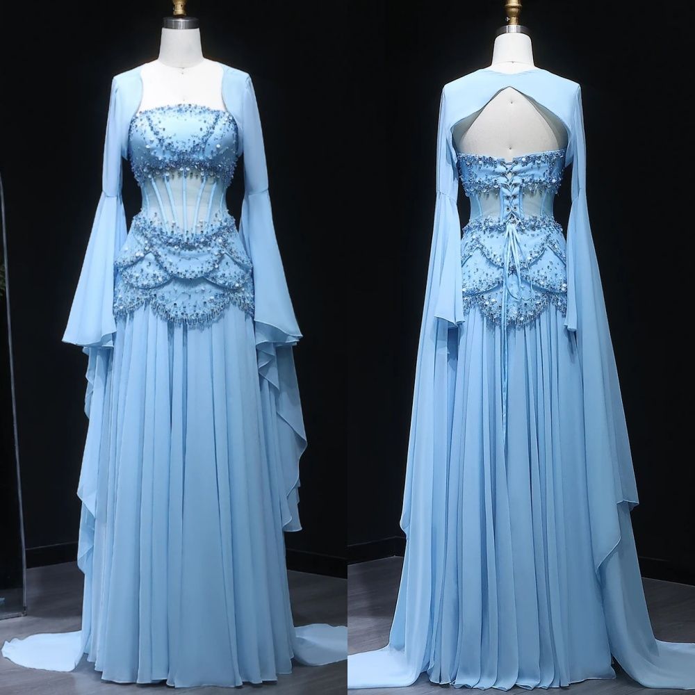 Fairy Luxury Court Style Light Blue Beaded Sheer-Sleeve Train Gown - Ocean Theme Wedding & Ball Dress NV6382