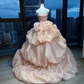 Strapless Blush Pink Ball Gown Pleated Bodice Tiered Bubble Shiny Organza Prom Dress  NV7034
