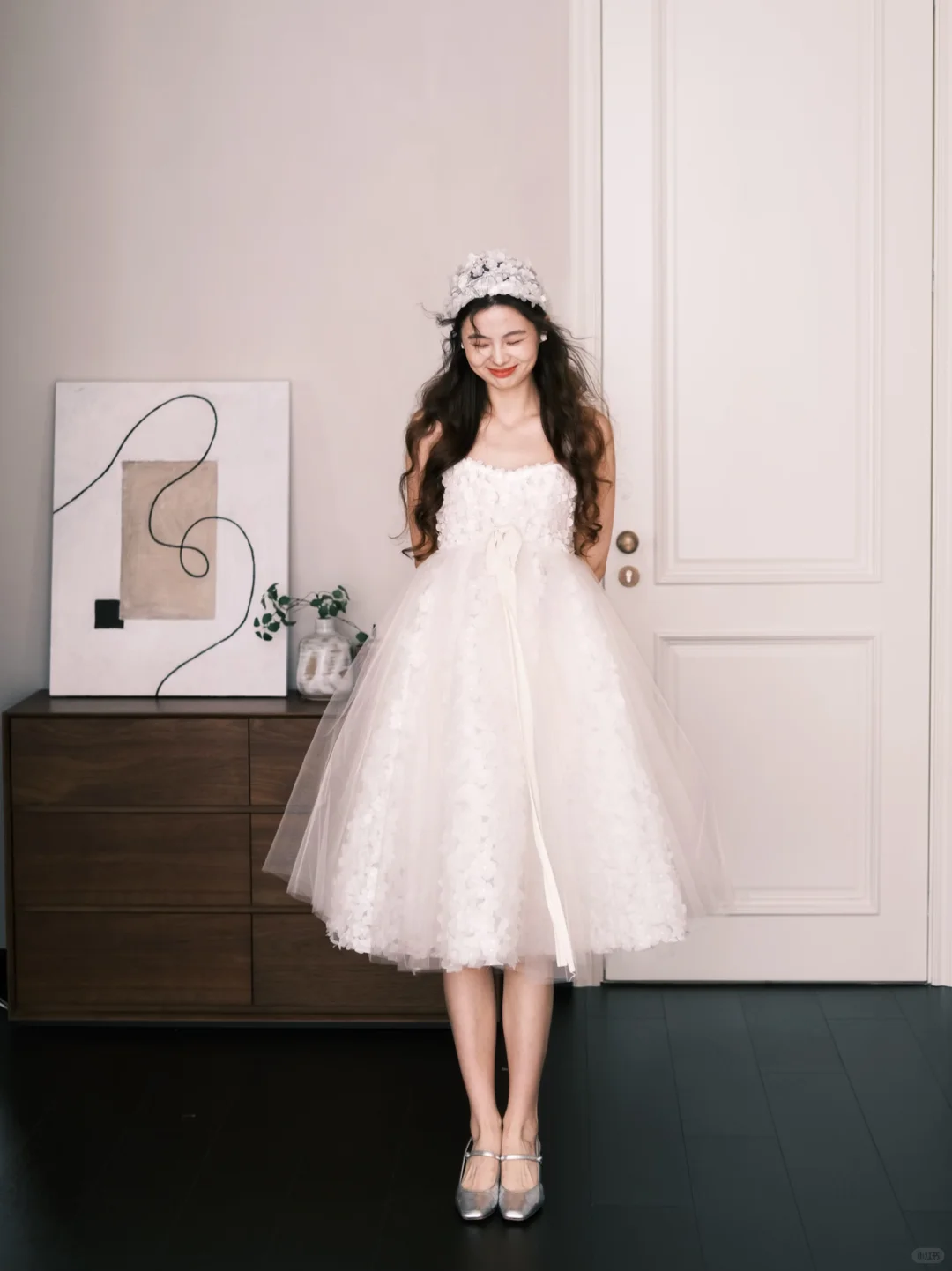 Square Neck 3D Floral Short Tulle Gown, Wide Strap Bridal Dress  NV7263