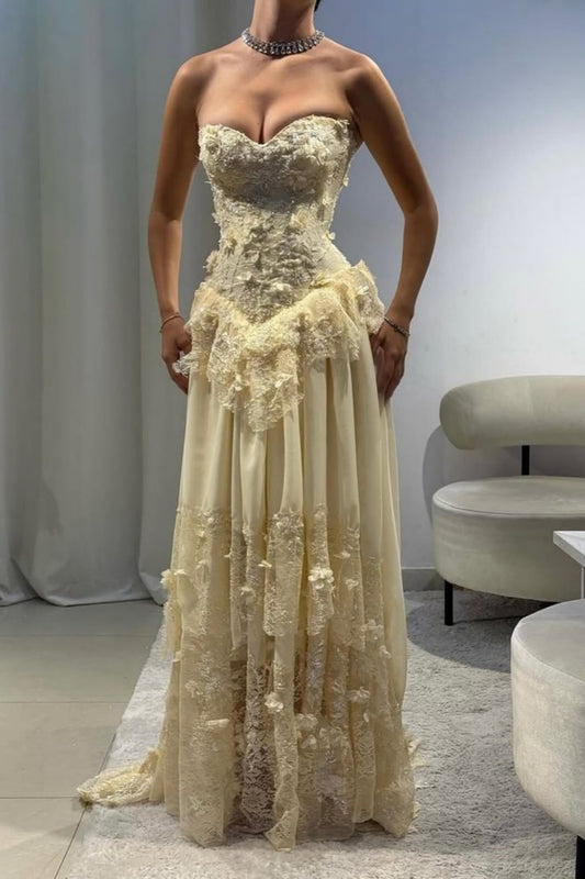 NiceVestidos-_ Exquisite Floral Lace Dress, Fashionable Strapless Corset Dress NV5954