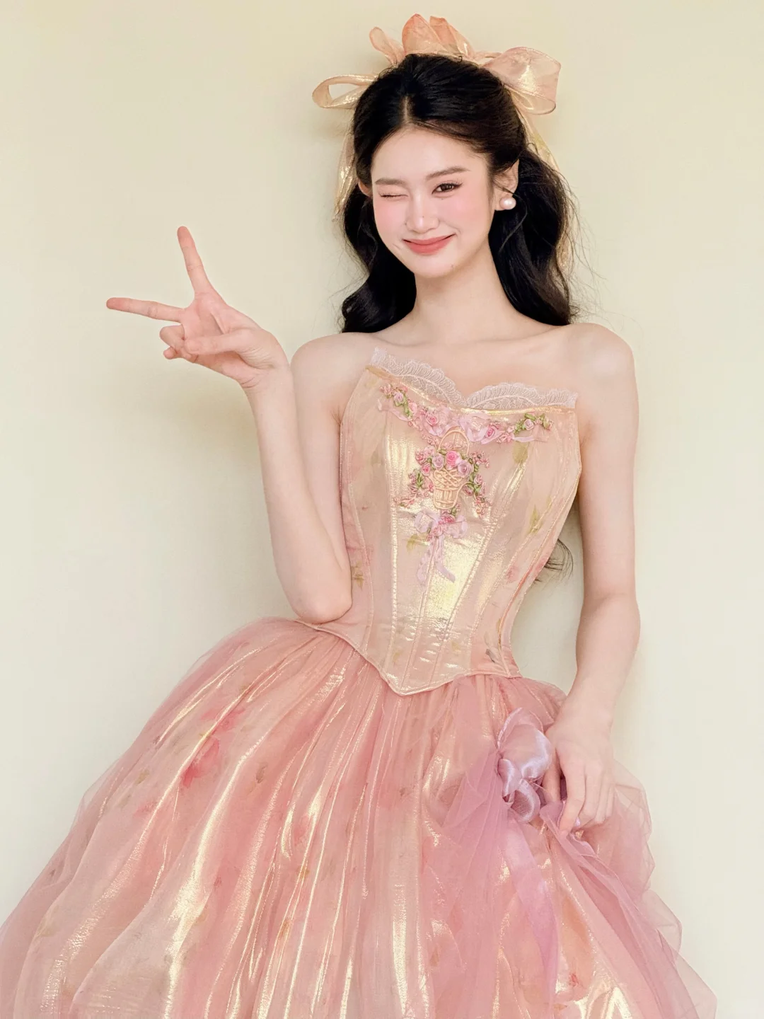 Strapless Pink Gold Corset 3D Rose Princess Ball Gown Prom Dress  NV7419