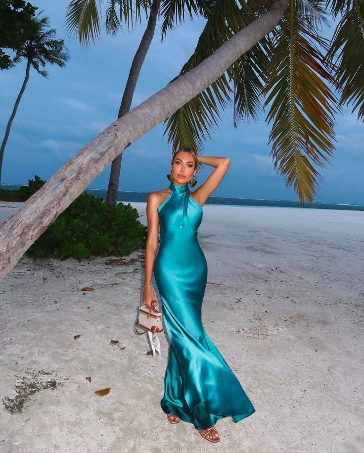 Blaues, modisches Neckholder-Lang-Satin-Meerjungfrauenkleid, schlankes Ballkleid, Abendkleid für Hochzeitsgäste, Partykleid nv4801