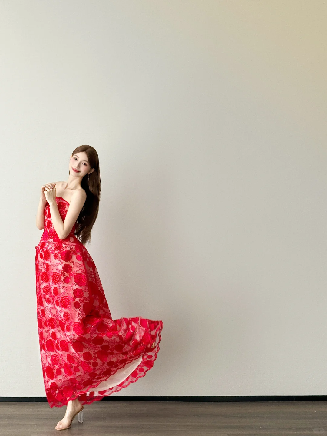 Red Strapless A Line Tulle Evening Dress 3D Flower Applique Gown  NV7116