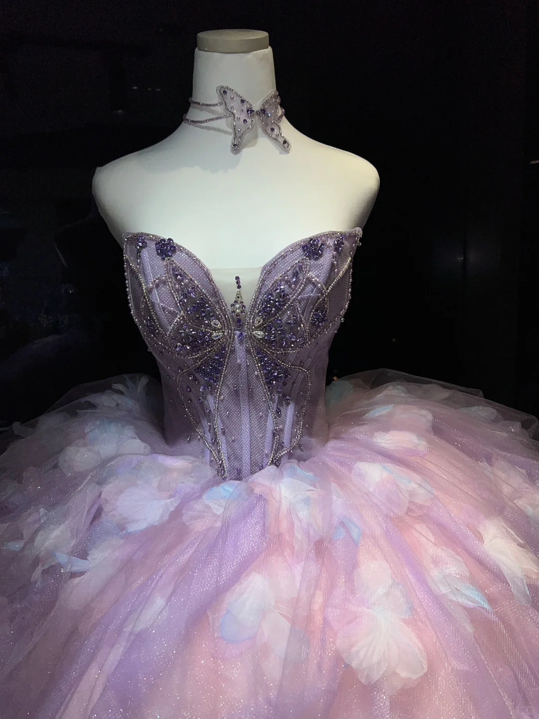 Strapless Lavender Prom Dress Sweetheart Neck Rhinestone Corset 3D Butterfly Tulle Ball Gown  NV7050
