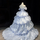Strapless Light Lavender Prom Dress Pleated Bodice 3D Flower Tiered Bubble Organza Ball Gown  NV7043