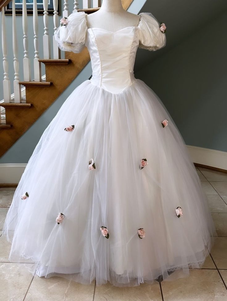 NiceVestidos--(Including veil)White pink floral princess tulle long ball gown simple wedding dress NV5828